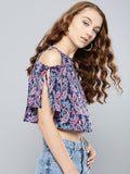 Navy Blue and Purple Paisley Slit Sleeve Cold Shoulder Top5