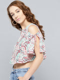 Beige and Peach Paisley Slit Sleeve Cold Shoulder Top1