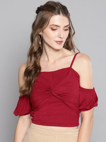 Maroon Front Twist Puffed Sleeve Top1