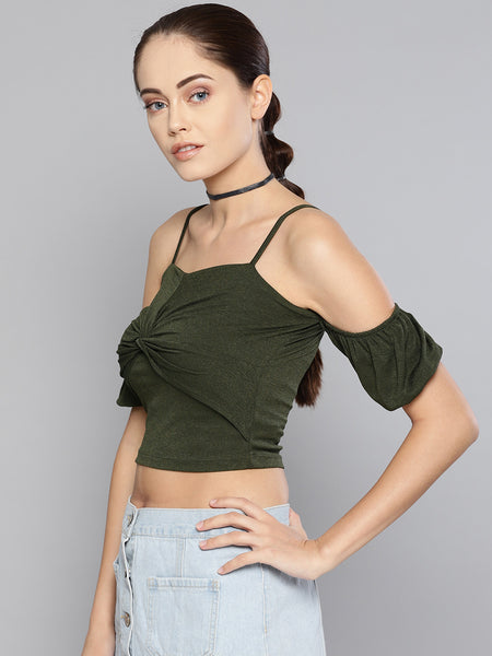 Olive Front Twist Puffed Sleeve Top1