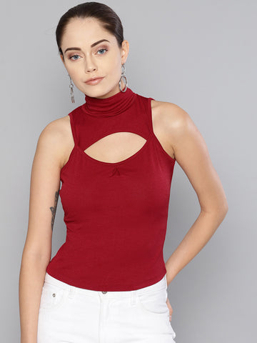 Maroon High Neck Keyhole Top1