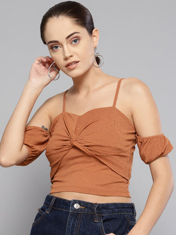 Brown Front Twist Puffed Sleeve Top1