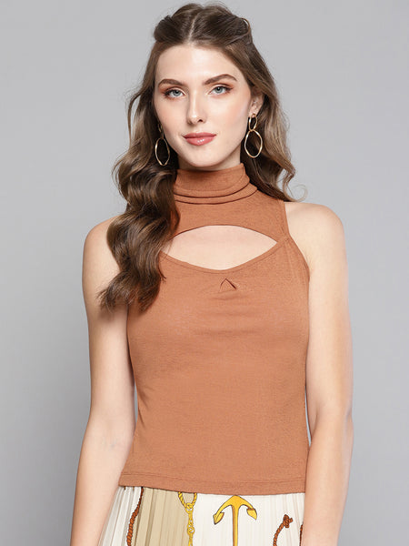 Brown High Neck Keyhole Top1