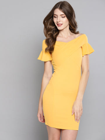 Yellow Frilled Bandage Bardot Bodycon Dress1