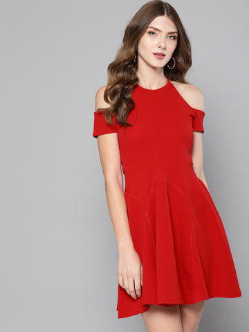 Red Cold Shoulder Skater Dress1