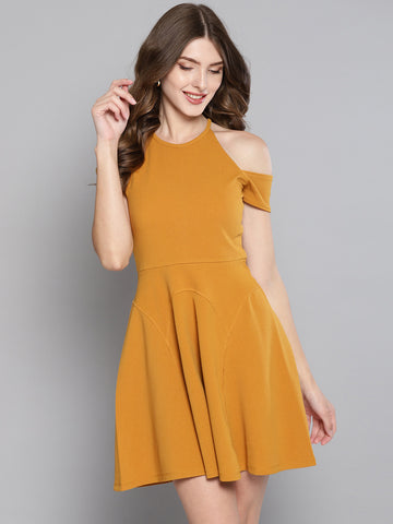 Mustard Cold Shoulder Skater Dress1