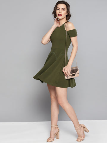 Olive Cold Shoulder Skater Dress1