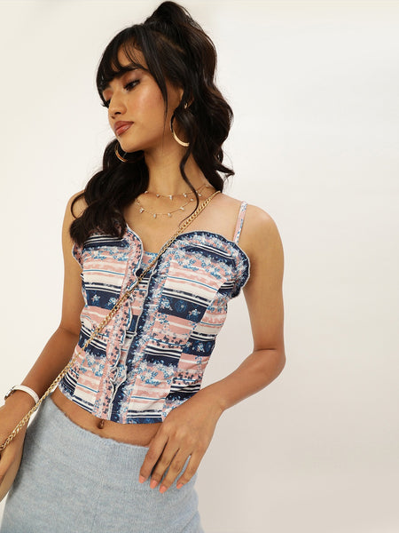 Peach Striped Floral Frilled Bustier Top