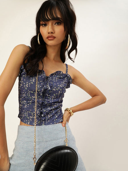 Navy Small Floral Frilled Bustier Top