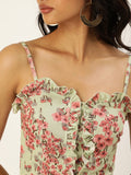 Green Floral Frilled Bustier Top