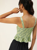 Green Small Floral Frilled Bottom Strappy Top
