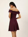 Maroon Frilled Bardot Skater Dress