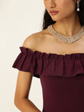 Maroon Frilled Bardot Skater Dress