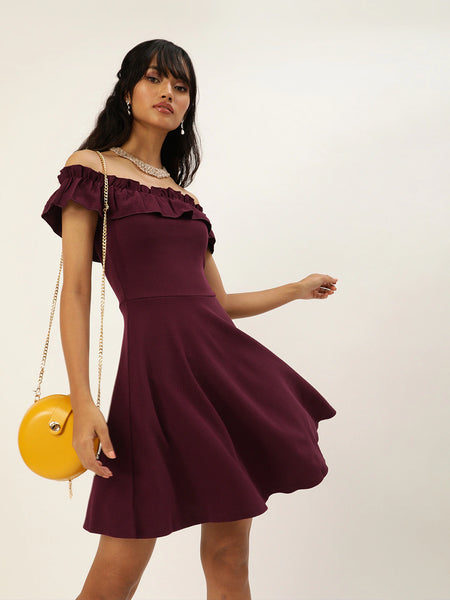 Maroon Frilled Bardot Skater Dress