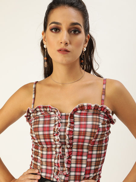 Mustard and Red Plaid Frilled Bustier Top