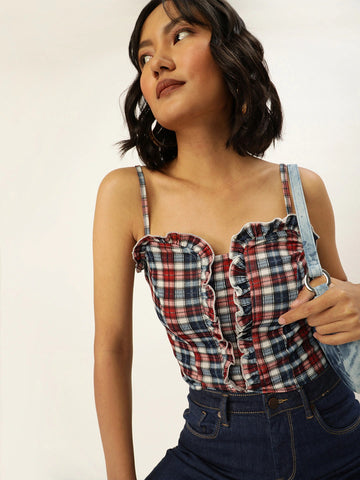 Red and Navy Plaid Frilled Bustier Top