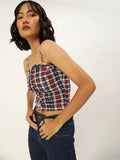 Red and Navy Plaid Frilled Bustier Top