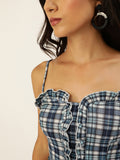 Cyan and Navy Plaid Frilled Bustier Top