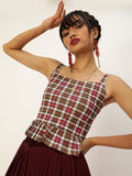 Mustard and Red Plaid Frilled Bottom Strappy Top