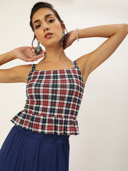 Red and Navy Plaid Frilled Bottom Strappy Top