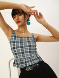 Cyan and Navy Plaid Frilled Bottom Strappy Top