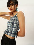 Cyan and Navy Plaid Frilled Bottom Strappy Top