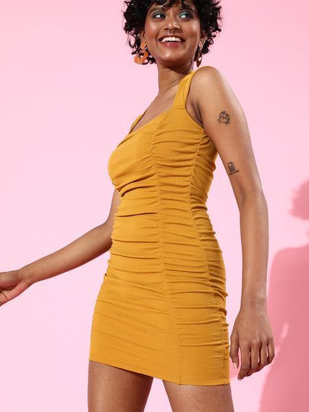 Mustard Ruched Bodycon Strap Dress