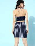 Blue Horizontal Stripe Bodycon Halter Co-Ordinate Dress