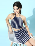 Blue Horizontal Stripe Bodycon Halter Co-Ordinate Dress