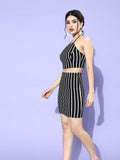 Black Horizontal Stripe Bodycon Halter Co-Ordinate Dress