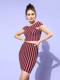 Maroon Horizontal Stripe Bodycon Bardot Co-Ordinate Dress