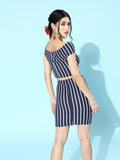 Blue Horizontal Stripe Bodycon Bardot Co-Ordinate Dress