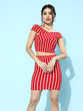 Red Horizontal Stripe Bodycon Bardot Co-Ordinate Dress