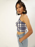 Blue Check Lace up Back Top