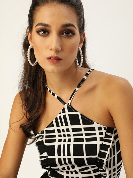 Black Check Lace up Back Top