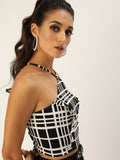 Black Check Lace up Back Top