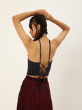 Navy Blue Lace up Back Top