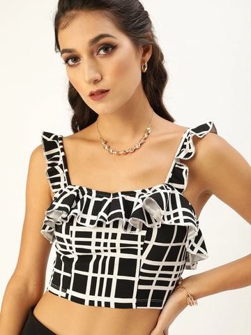 Black Check Frilled Tie Back Top