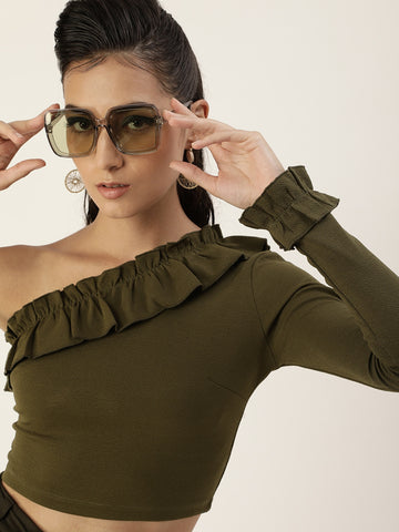 Olive Frilled One Shoulder Top