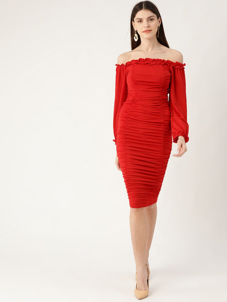 Red Off Shoulder Puff Sleeve Dress