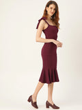 Maroon Shouder Tie Flared Dress