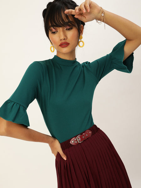 Dark Green Frilled Sleeve Top