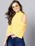 Yellow High Neck Cold Shoulder Bell Sleeve Top3