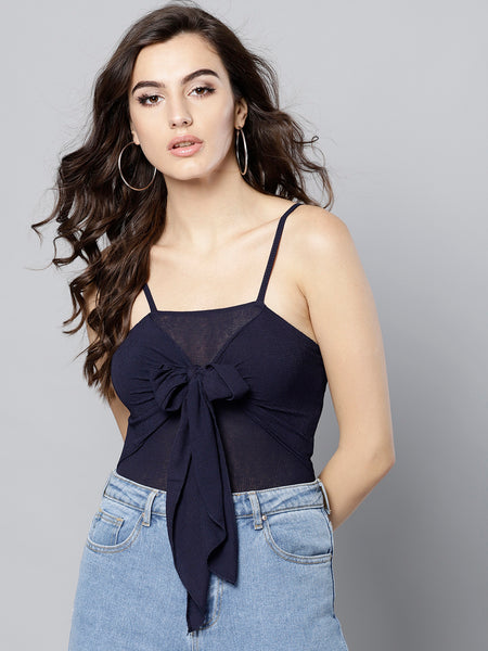 Navy Blue Front Knot Strappy Crop Top1