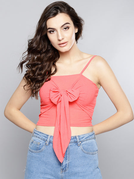 Coral Front Knot Strappy Crop Top1