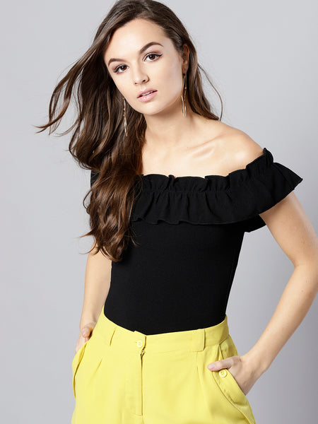 Black Frilled Bardot Crop Top1