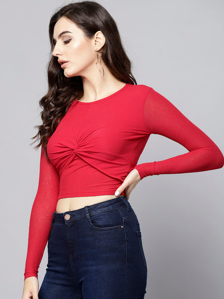 Red Front Knot Full Sleeve Bodycon Top1